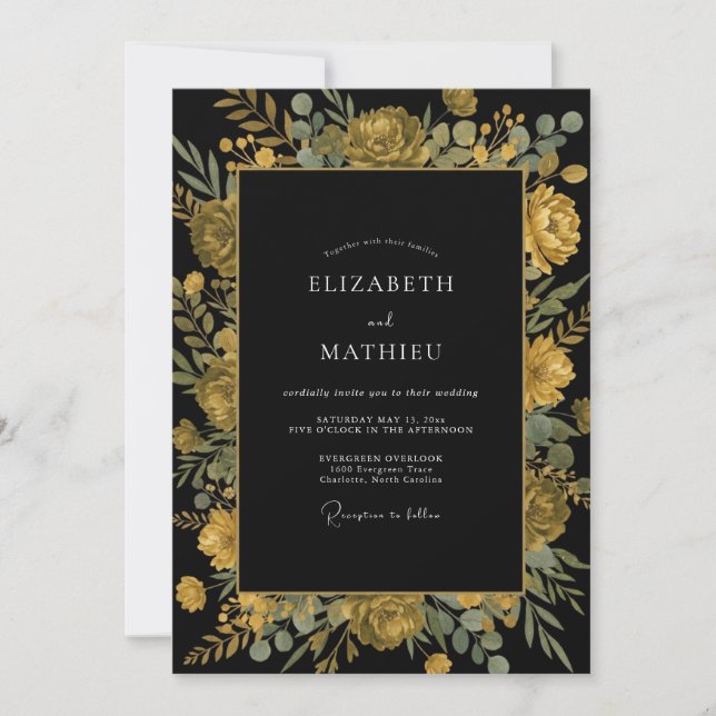 Invitación Boda de ranúnculo de eucalipto de ocre de medianoc (Anverso)