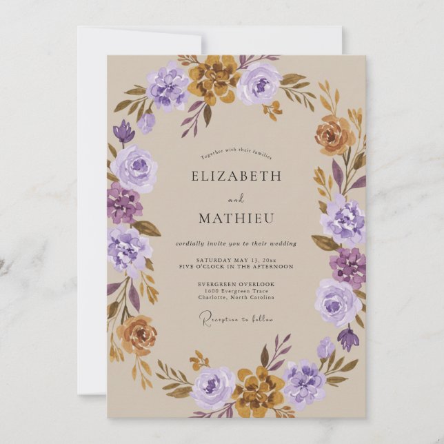 Invitación Boda de ranúnculo de eucalipto de ocre violeta (Anverso)