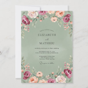 Invitación Boda de ranúnculo de eucalipto de oliva borgoña