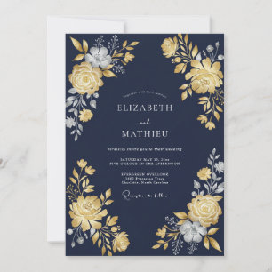 Invitación Boda de ranúnculo de eucalipto de oro de medianoch