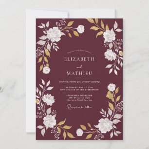 Invitación Boda de ranúnculo de eucalipto de oro de vino