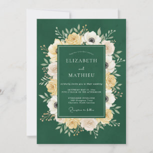 Invitación Boda de ranúnculo de eucalipto de oro esmeralda