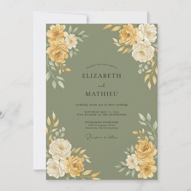 Invitación Boda de ranúnculo de eucalipto de oro oliva (Anverso)