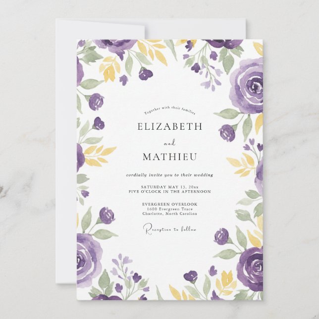 Invitación Boda de ranúnculo de eucalipto de oro violeta (Anverso)
