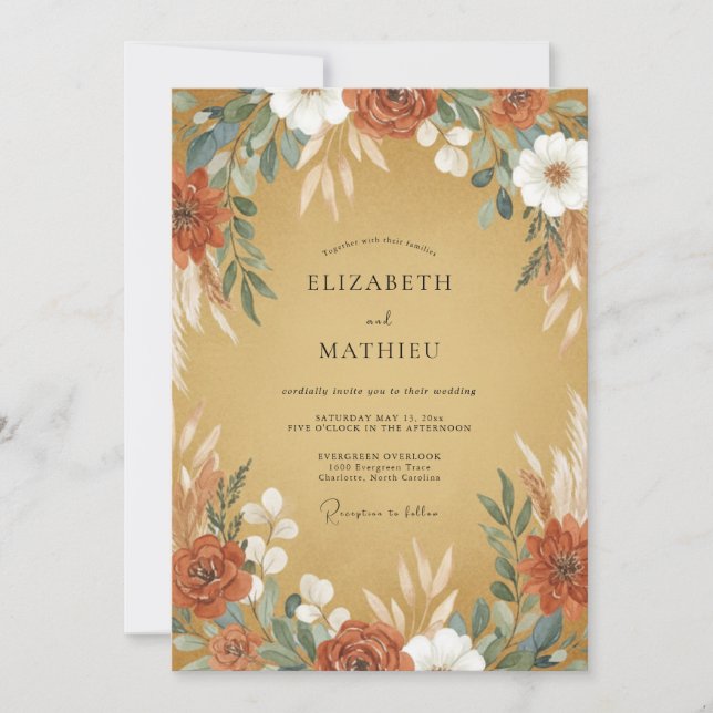 Invitación Boda de ranúnculo de eucalipto de óxido ocre (Anverso)