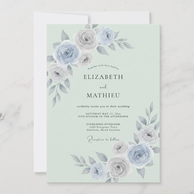 Invitación Boda de ranúnculo de eucalipto de plata de espuma  (Anverso)