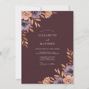 Invitación Boda de ranúnculo de eucalipto de vino profundo