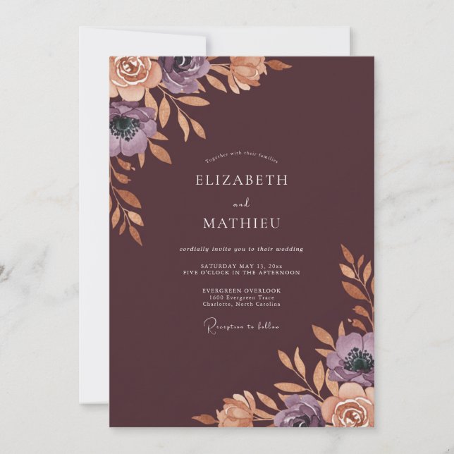 Invitación Boda de ranúnculo de eucalipto de vino profundo (Anverso)