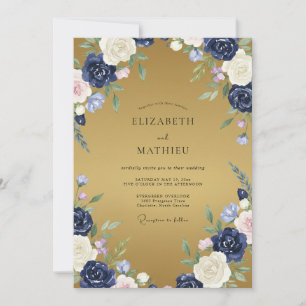 Invitación Boda de ranúnculo de eucalipto dorado de medianoch
