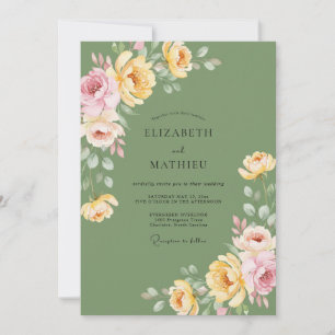 Invitación Boda de ranúnculo de eucalipto dorado oliva