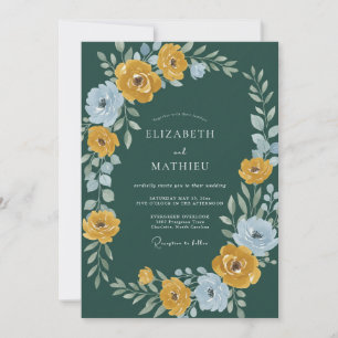 Invitación Boda de ranúnculo de eucalipto dorado y azul teñid