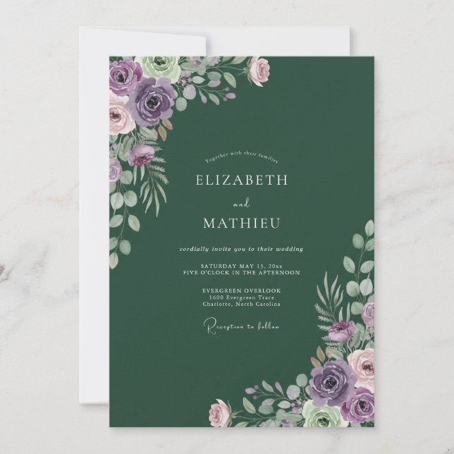 Invitación Boda de ranúnculo de eucalipto esmeralda oscuro (Anverso)