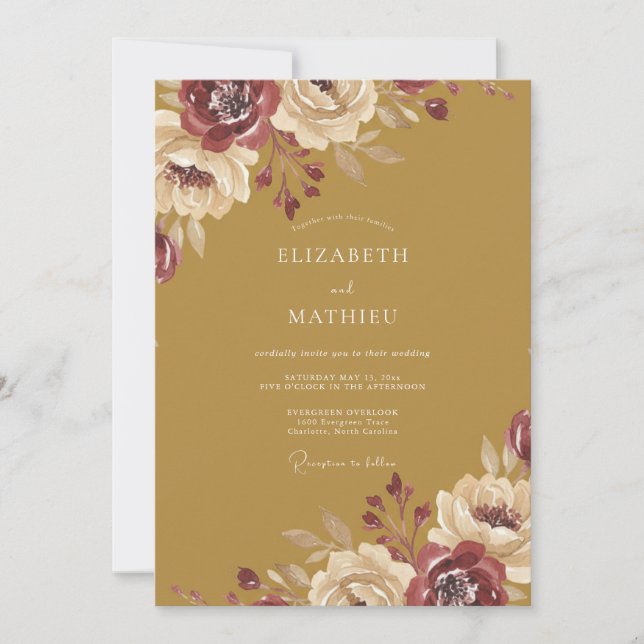 Invitación Boda de ranúnculo de eucalipto granate ocre (Anverso)