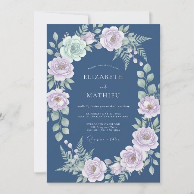 Invitación Boda de ranúnculo de eucalipto lavanda acero (Anverso)