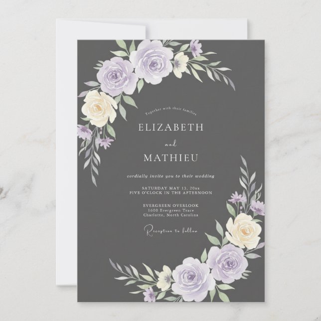 Invitación Boda de ranúnculo de eucalipto lavanda carbonilla (Anverso)