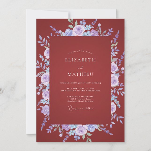 Invitación Boda de ranúnculo de eucalipto lavanda granate (Anverso)
