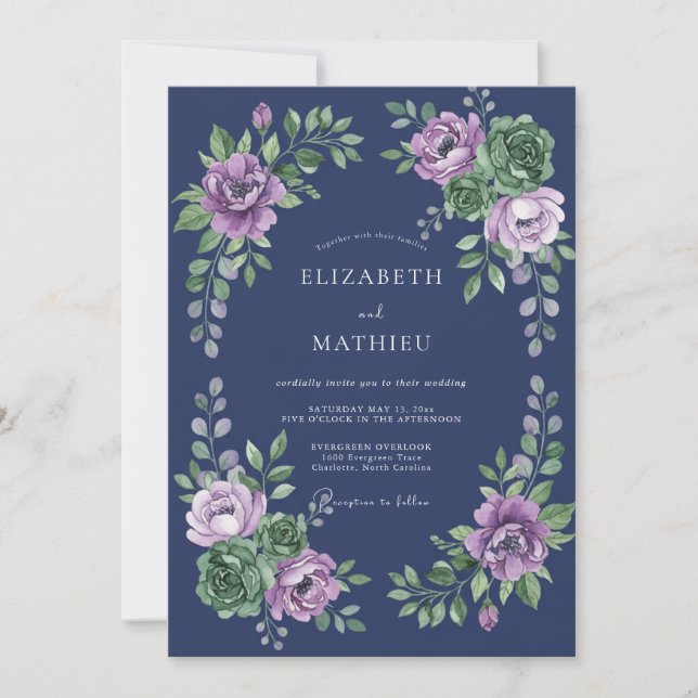 Invitación Boda de ranúnculo de eucalipto lavanda índigo (Anverso)