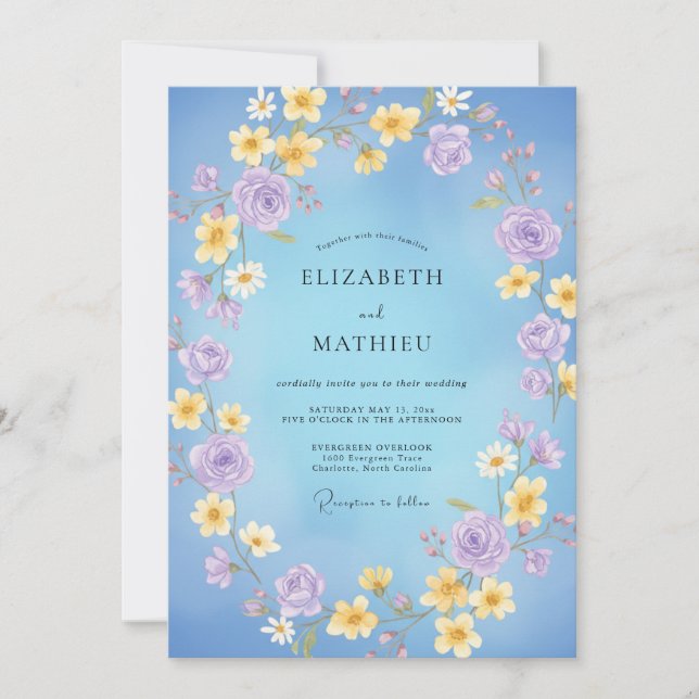 Invitación Boda de ranúnculo de eucalipto lila azul (Anverso)