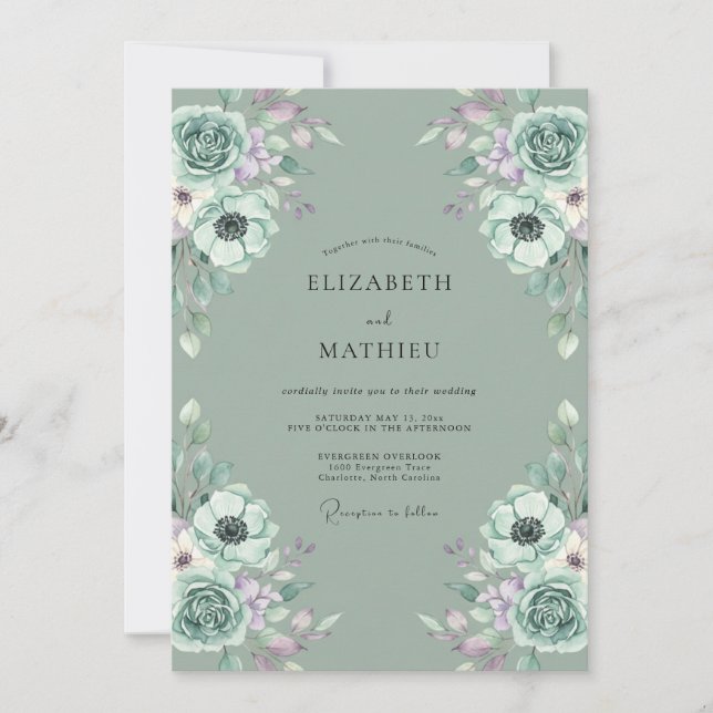 Invitación Boda de ranúnculo de eucalipto lila espuma de mar (Anverso)