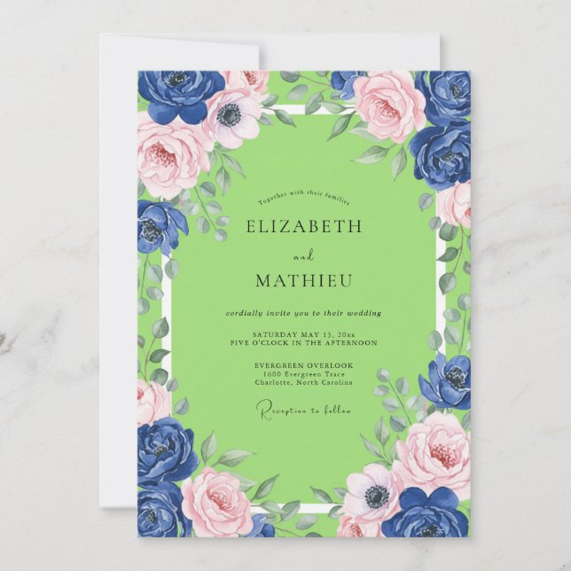 Invitación Boda de Ranúnculo de Eucalipto Lima Tinte Índigo (Anverso)