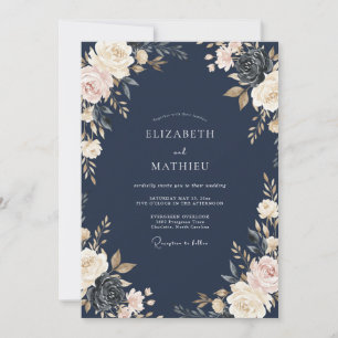 Invitación Boda de ranúnculo de eucalipto marfil de medianoch