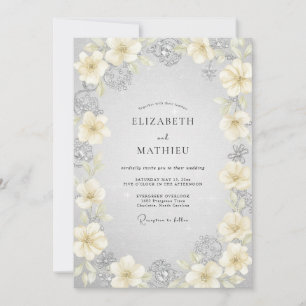 Invitación Boda de ranúnculo de eucalipto marfil plateado