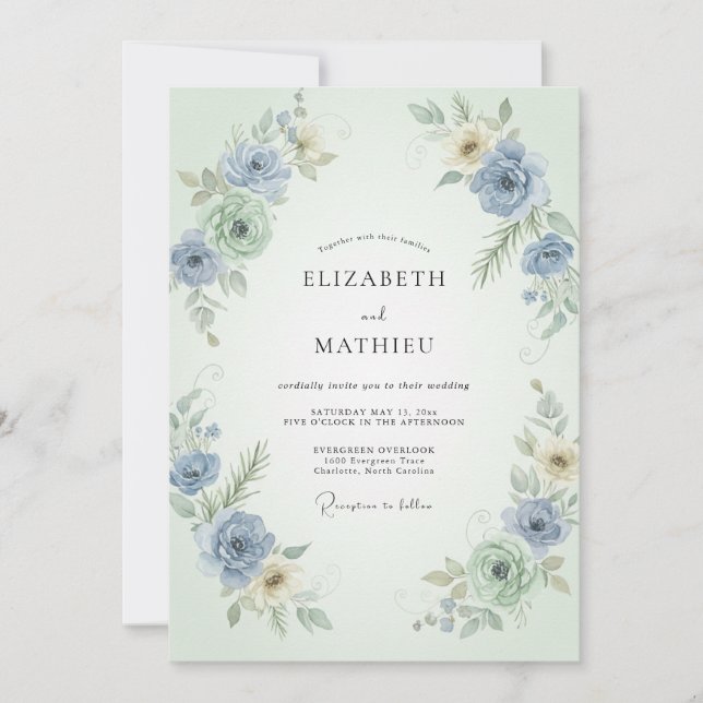 Invitación Boda de ranúnculo de eucalipto menta pervinca (Anverso)