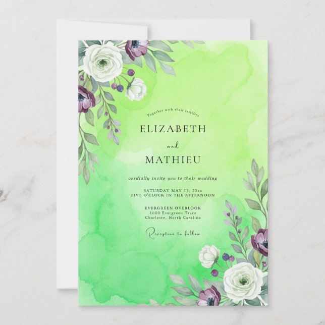 Invitación Boda de ranúnculo de eucalipto morado lima (Anverso)