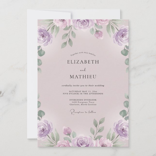 Invitación Boda de ranúnculo de eucalipto morado malva (Anverso)