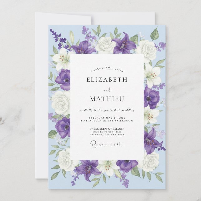 Invitación Boda de ranúnculo de eucalipto morado pervinca (Anverso)