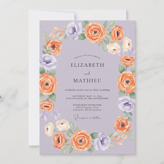 Invitación Boda de ranúnculo de eucalipto naranja lavanda (Anverso)