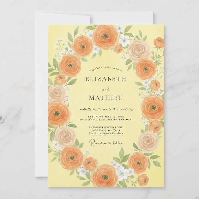 Invitación Boda de ranúnculo de eucalipto naranja mantequilla (Anverso)