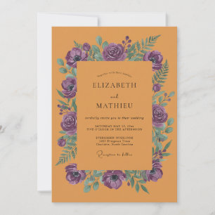 Invitación Boda de ranúnculo de eucalipto púrpura ámbar