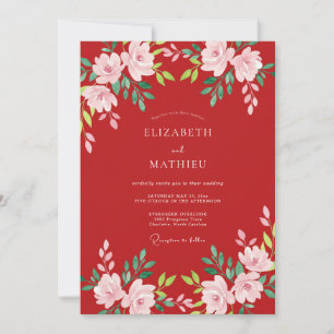 Invitación Boda de ranúnculo de eucalipto rosa carmesí