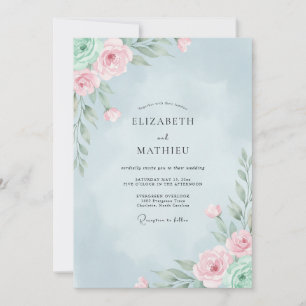 Invitación Boda de ranúnculo de eucalipto rosa cielo