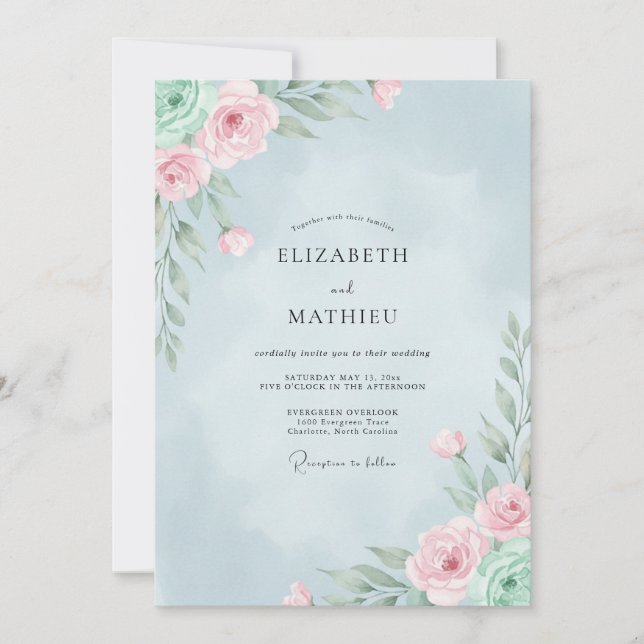 Invitación Boda de ranúnculo de eucalipto rosa cielo (Anverso)