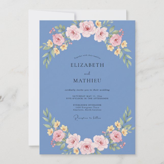 Invitación Boda de ranúnculo de eucalipto rosa de aciano (Anverso)