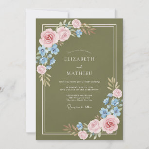 Invitación Boda de ranúnculo de eucalipto rosa oliva