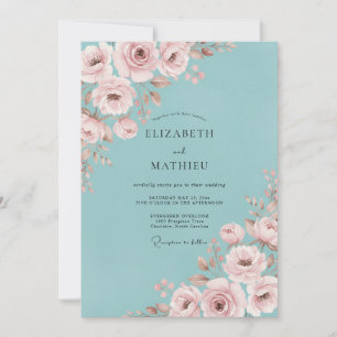 Invitación Boda de ranúnculo de eucalipto rosa rubor acuático