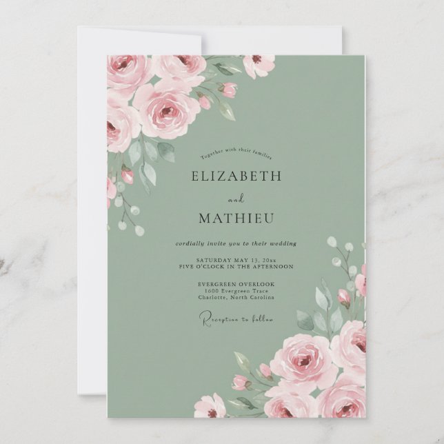 Invitación Boda de ranúnculo de eucalipto rosa suave (Anverso)