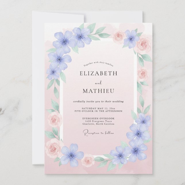 Invitación Boda de ranúnculo de eucalipto rosa suave pervinca (Anverso)
