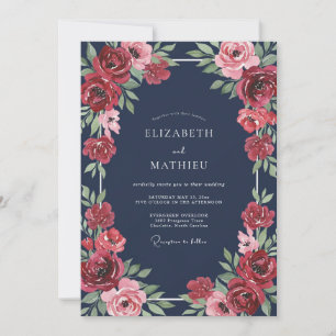 Invitación Boda de ranúnculo de eucalipto rubí de medianoche