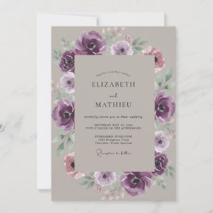 Invitación Boda de ranúnculo de eucalipto suave amatista taup