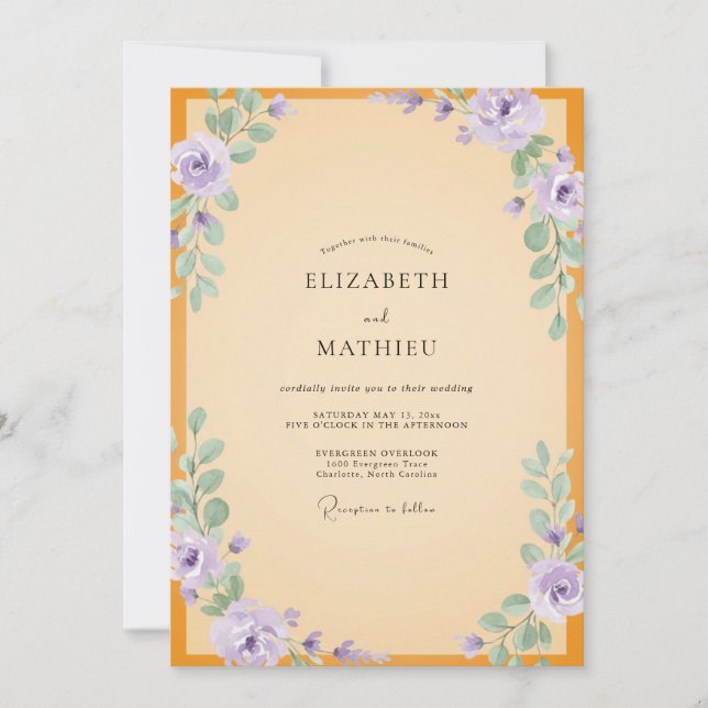 Invitación Boda de ranúnculo de eucalipto violeta ámbar (Anverso)