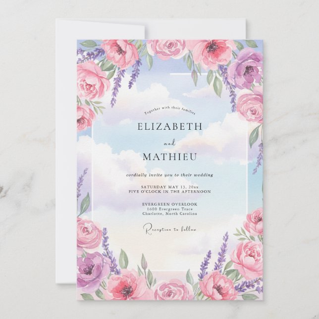 Invitación Boda de ranúnculo de eucalipto violeta azul (Anverso)