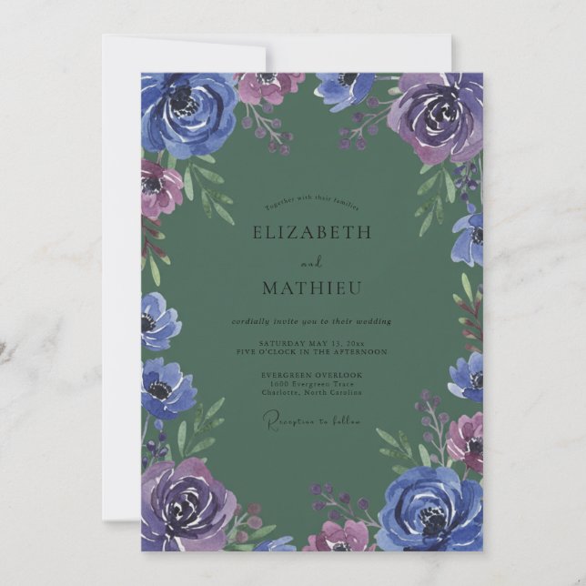 Invitación Boda de ranúnculo de eucalipto violeta índigo (Anverso)