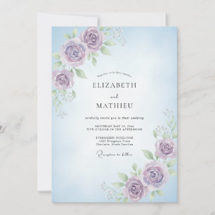Invitación Boda de ranúnculo de eucalipto violeta pervinca