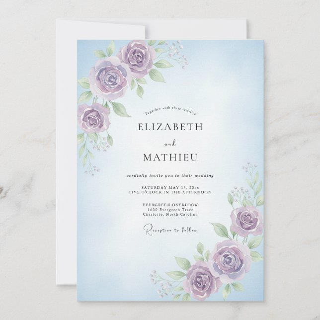 Invitación Boda de ranúnculo de eucalipto violeta pervinca (Anverso)