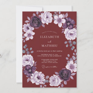 Invitación Boda de ranúnculo de eucalipto y malva de Borgoña
