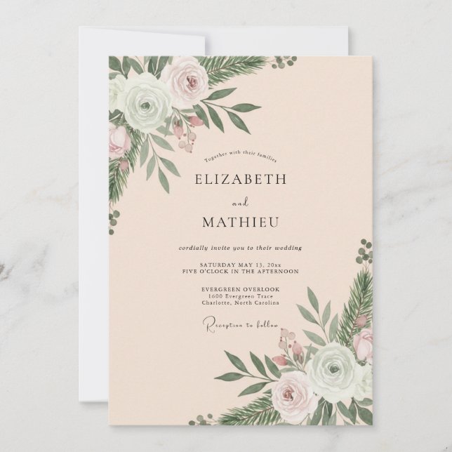 Invitación Boda de ranúnculo de follaje de eucalipto con cham (Anverso)